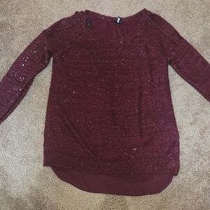 Jessica Simpson Burgundy Sequin Cold Shoulder Knit Top